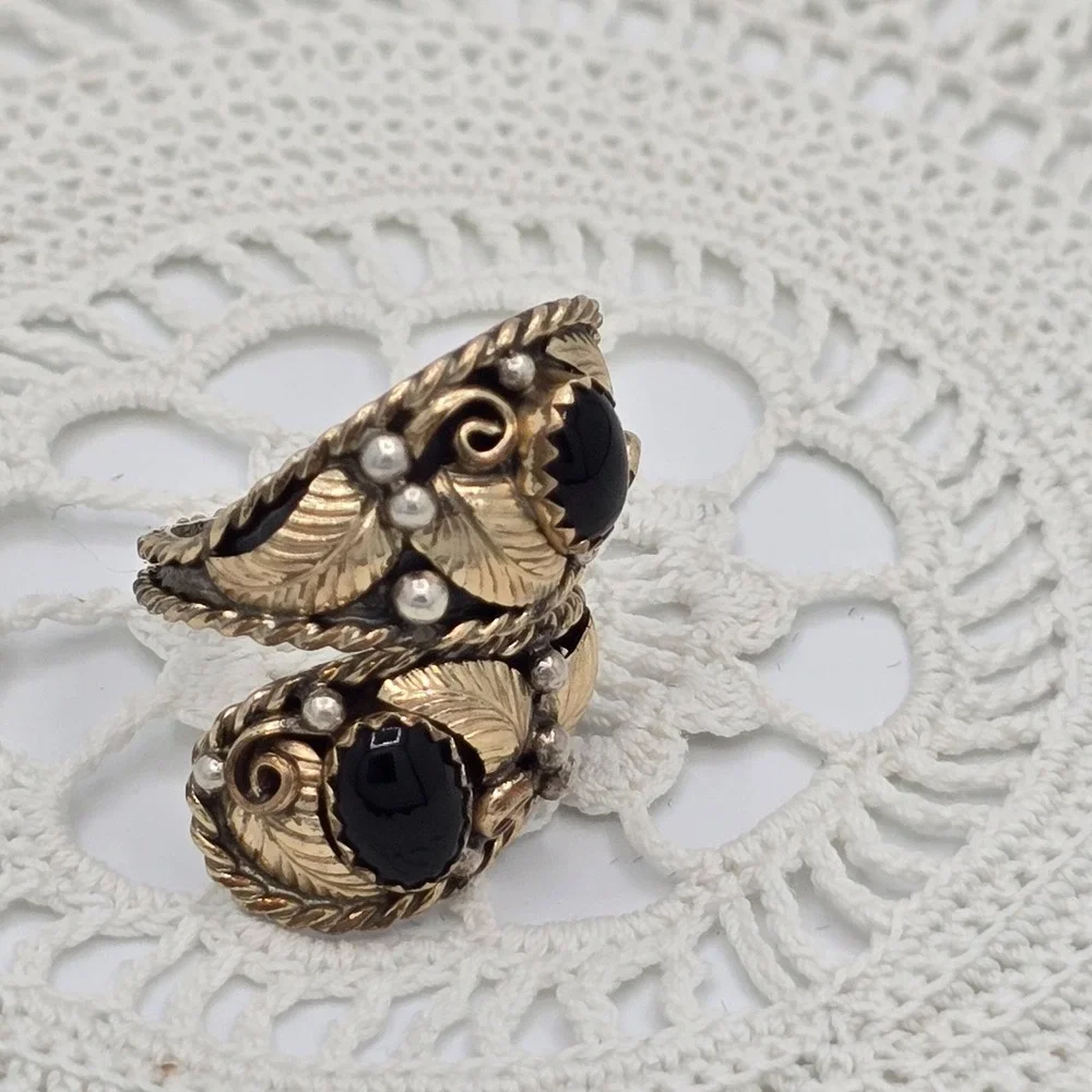Vintage Bypass Ring Adjustable Size 4 12K Gold Filled Black Gemstone Seed Pearl